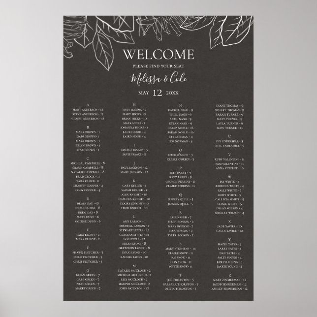 Poster Graphique de sièges alphabétiques au charbon de bo (Devant)