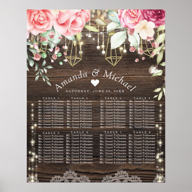 Poster Graphique de sièges de Mariage floral rustique (Devant)