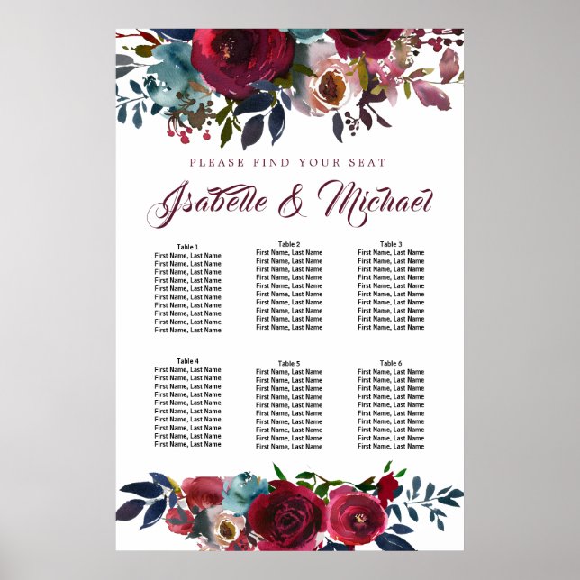 Poster Graphique de sièges Mariages à 6 tables en fleurs  (Devant)
