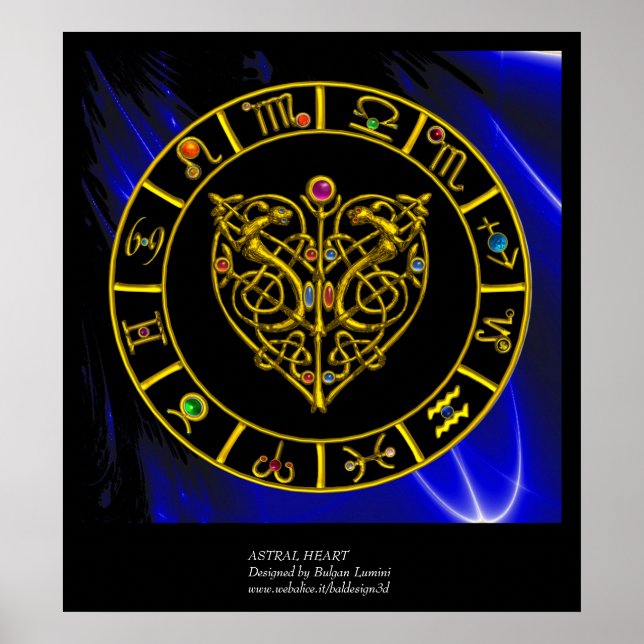 POSTER GRAPHIQUE D'OR ZODIAC, COEUR ASTRAL, NOEUDS CELTIQ (Devant)