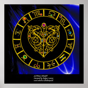 POSTER GRAPHIQUE D'OR ZODIAC, COEUR ASTRAL, NOEUDS CELTIQ