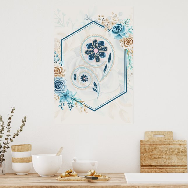 Poster Graphique floral bleu et Turquoise, "Revitalisant  (Cuisine)
