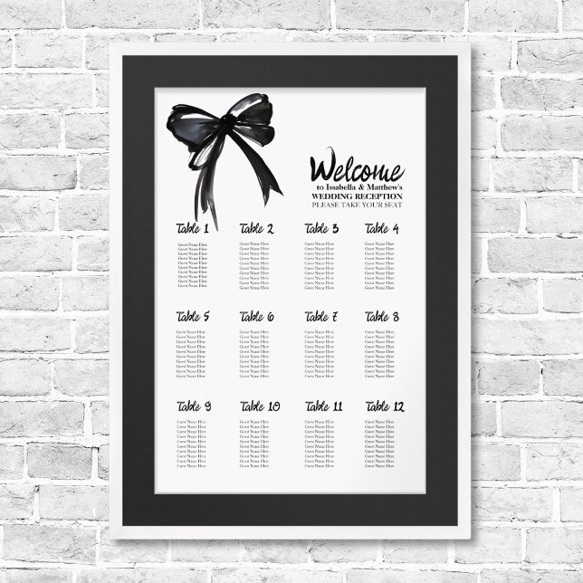 Poster Graphique Mariage chic à la mode noir blanc Bow (Trendy Black and White Bow Chic Wedding Seating Chart Plan Template watercolor elegant simple script)