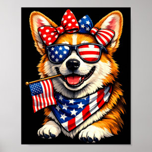 Poster Graphisme drôle de corgi patriotique avec drapeau 