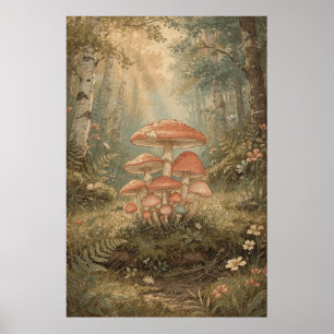 Poster Grappe de champignons dans une forêt de bouleaux e