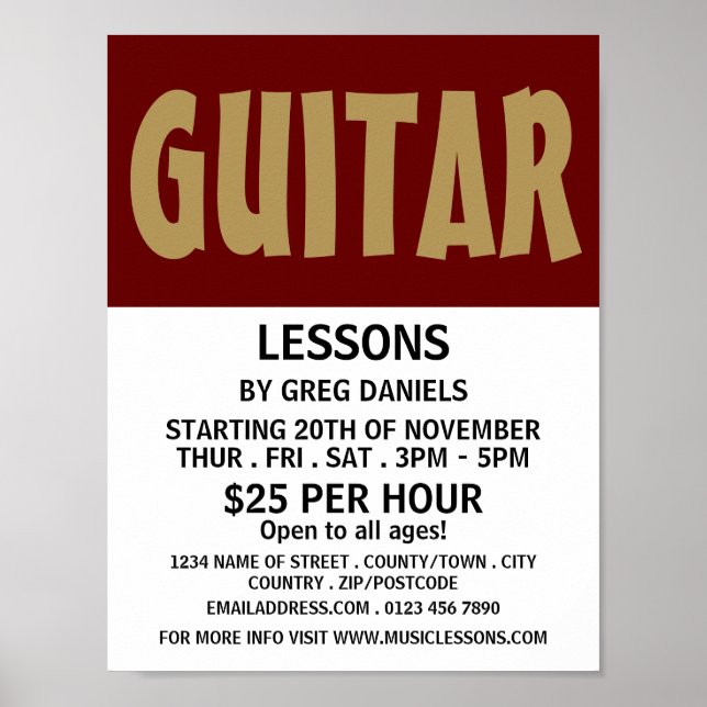 Poster Gras moderne, leçons de guitare publicité (Devant)