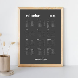 Poster Gras simple Calendrier 2024 gris foncé et blanc