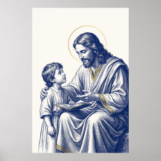Poster Gravure artistique de Jésus enseignant à un enfant
