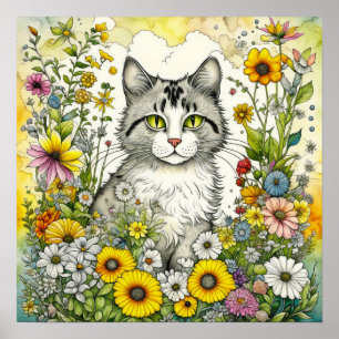 Poster Gray Kitty Chat assis en Fleurs