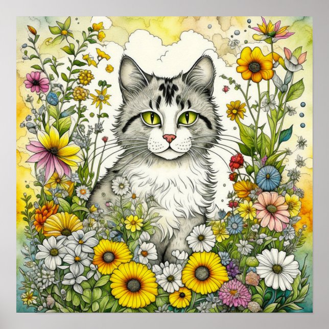 Poster Gray Kitty Chat assis en Fleurs (Devant)