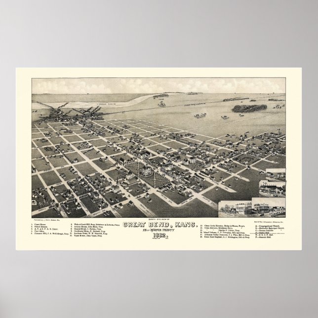 Poster Great Bend, KS Carte panoramique - 1882 (Devant)