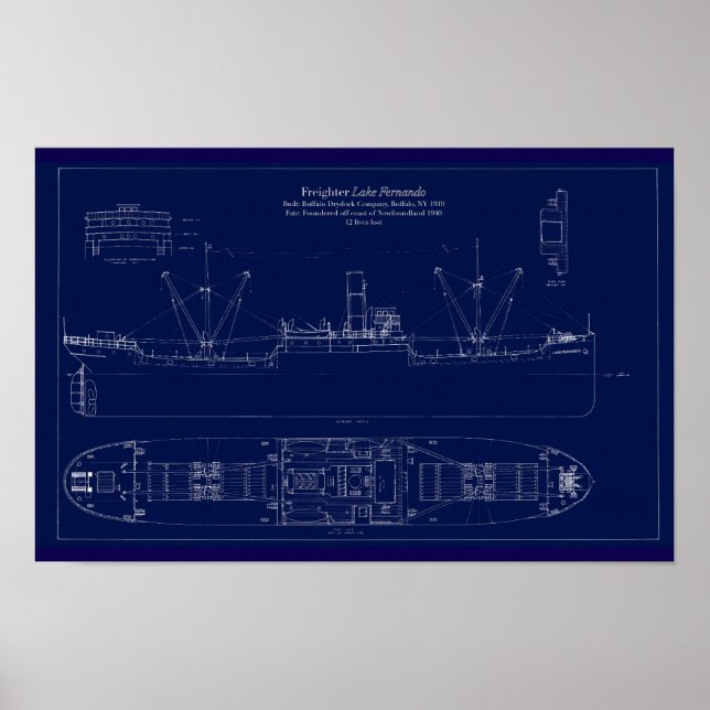 Poster Great Lakes Freighter Lake Fernando Blueprint (Devant)