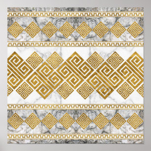 Poster Grec Meander - Clé grecque Marbre blanc et or