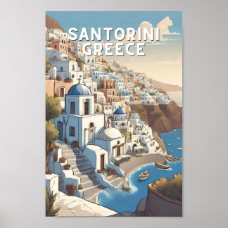 Poster Grec Santorin île grecque vinatte Voyage bleu