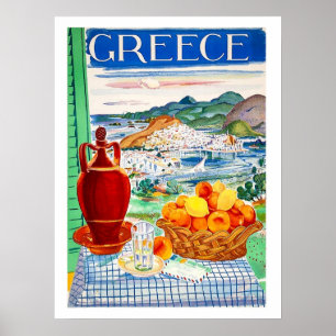 Poster Grèce, fruits sur table, fenêtre vue paysage