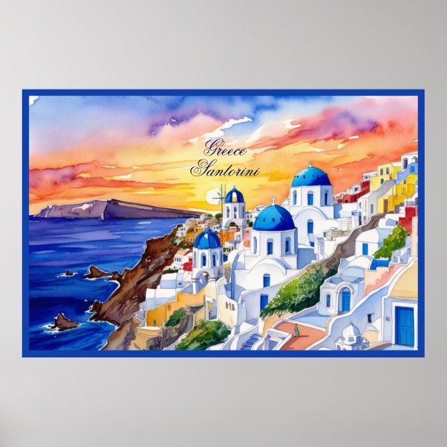 Poster Grèce Santorini Aquarelle Croquis mer Egée | (Devant)