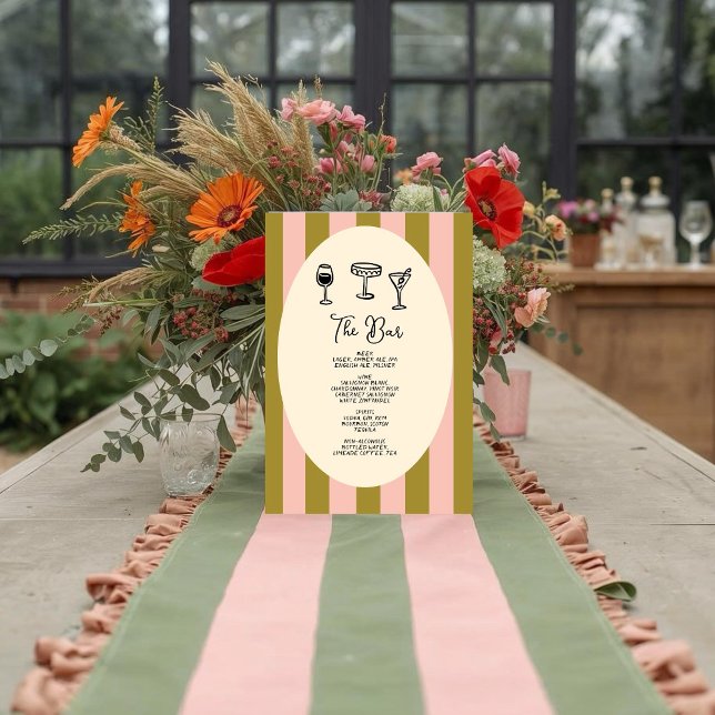 Poster Green and Blush Pink Striped “Drinks Menu” Wedding (Créateur téléchargé)