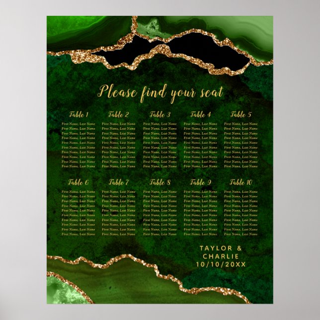 Poster Green and Gold Agate Wedding Seating Chart (Devant)