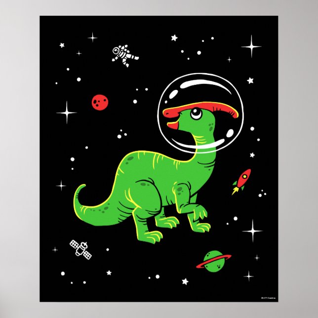 Poster Green and Red Parasaurolophus Dinos In Space (Devant)
