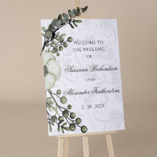 Poster Green Berry Wreath Boho Mariage damassé Bienvenue