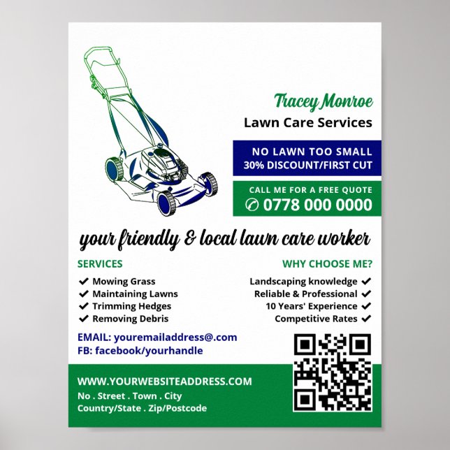 Poster Green & Blue Lawn-Mower, Lawn Care Services (Devant)