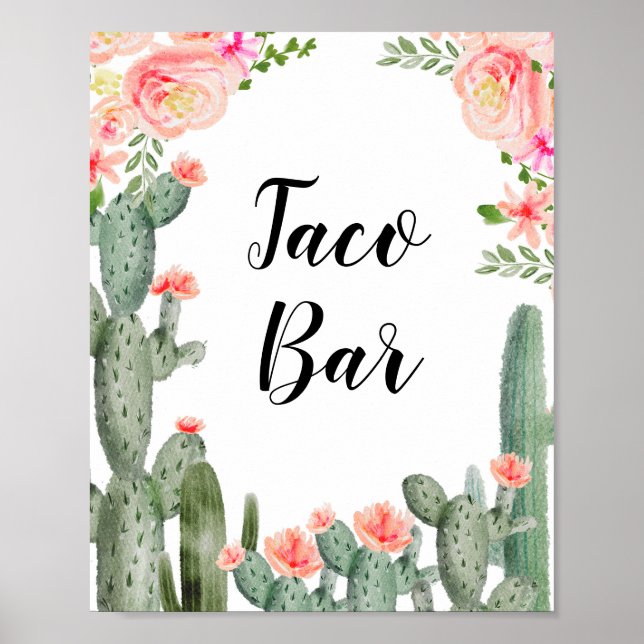 Poster Green Cactus Taco Bar Fête des mariées Rose Floral (Devant)