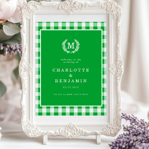 Poster Green En vichy Monogram Crest Mariage Bienvenue