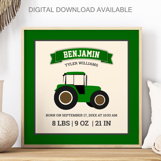 Poster Green Farm Tractor Baby Birth Stats (Créateur téléchargé)