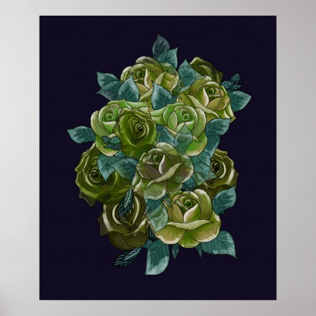 Poster Green floral bouquet, navy blue, exotic roses (Devant)