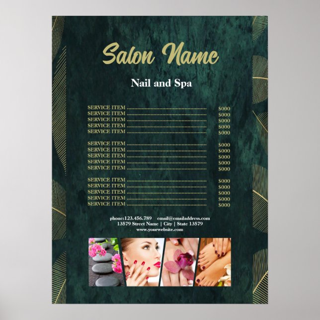 Poster Green Gold Beauty Nail Salon Prix du menu (Devant)