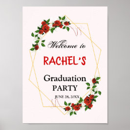 Poster Green Gold Floral Graduation Party Bienvenue