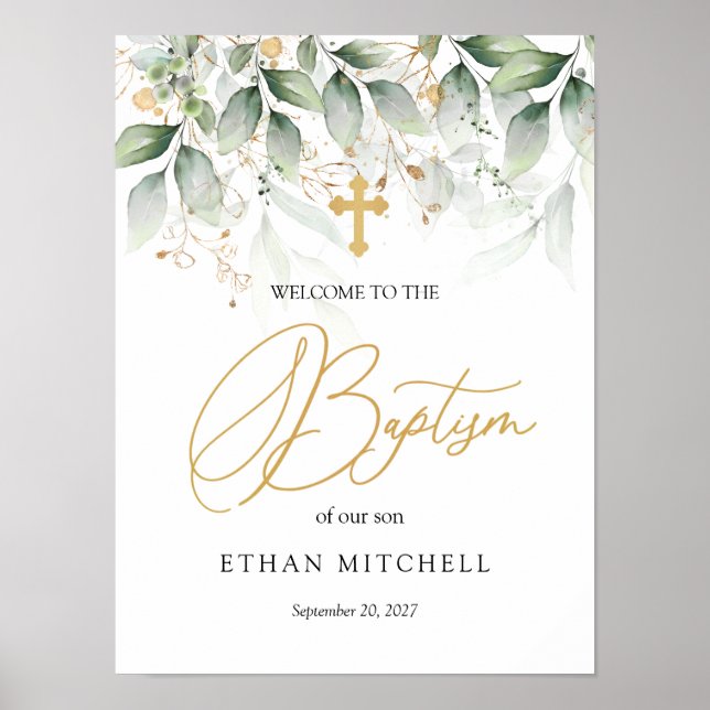 Poster Green Gold Foliage Croix Bienvenue Baptême signe (Devant)