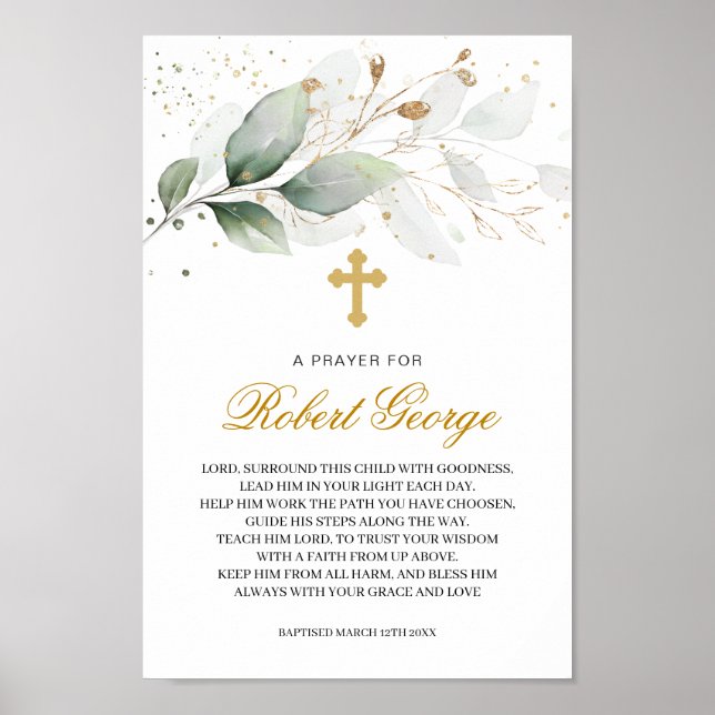 Poster Green Gold Foliage Cross Genre Baptême neutre (Devant)