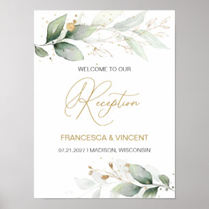 Poster Green &  gold foliage Reception Welcome sign