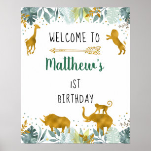 Poster Green Gold Safari Animal Birthday Welcome