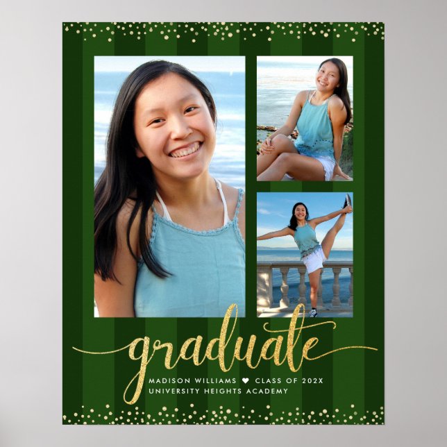 Poster Green Graduation 3 Photo Gold Parties scintillant  (Devant)