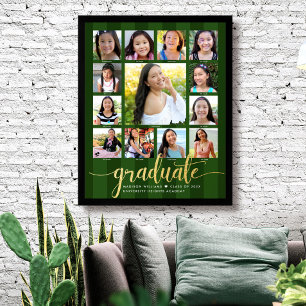 Poster Green Graduation K-12 Photo Collage Gold Script