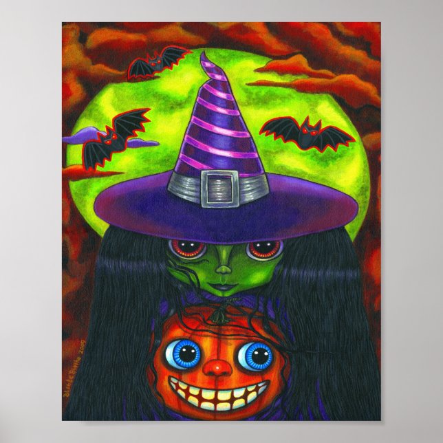 Poster Green Halloween Sorcière Citrouille Big Eyes (Devant)