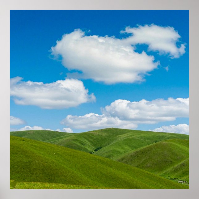 Poster Green Hills with Blue Skies and White Clouds (Devant)