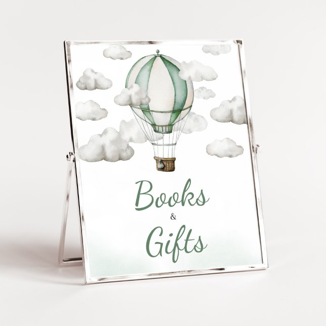 Poster Green Hot Air Balloon Baby shower Livres et cadeau (Gender Neutral Travel Baby Shower Books and Gifts Sign)