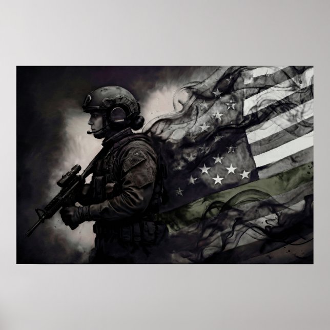 Poster Green Line American Flag Military Female Tribute (Devant)