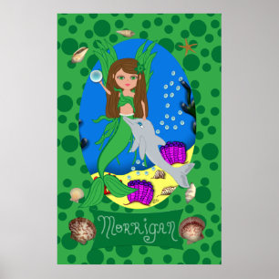 Poster Green Mermaid with wings and Dolphin Print