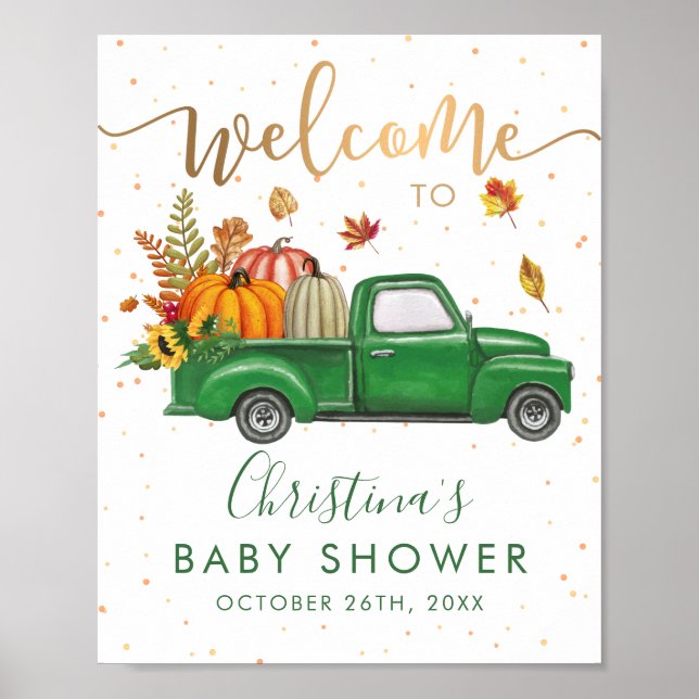 Poster Green Truck Automne Citrouille Baby shower Bienven (Devant)