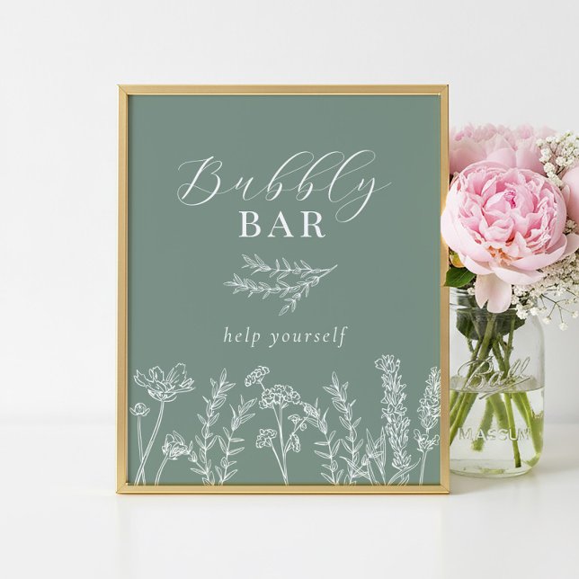 Poster Green Wildflower Bridal Shower Bubbly Bar Sign (Créateur téléchargé)