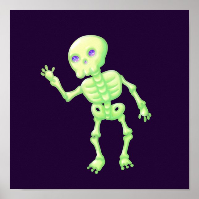 Poster Green Yellow Cute Skeleton Waving Art (Devant)
