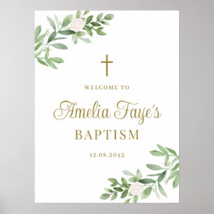 Poster Greenery and White Flowers Baptism Welcome 