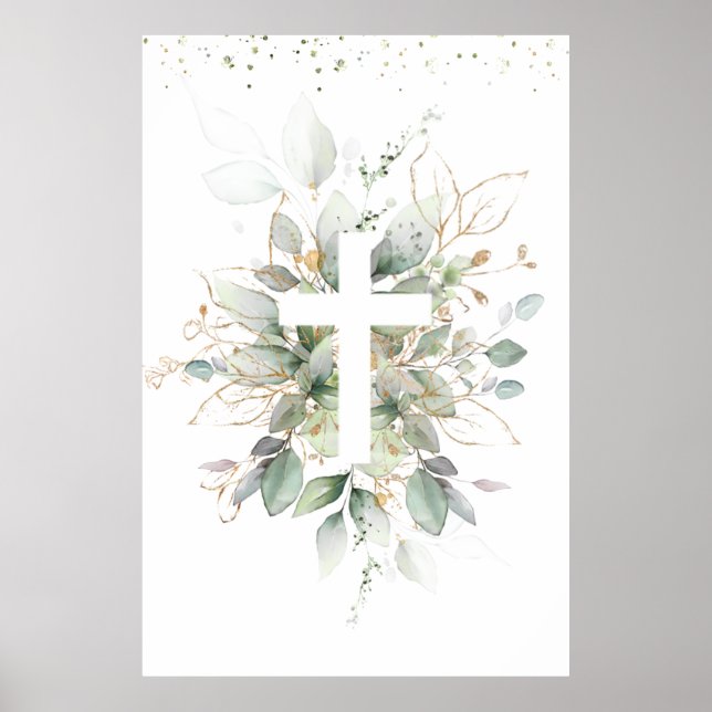 Poster Greenery Foliage Cross Baby Baptism  (Devant)