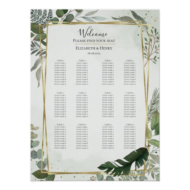 Poster Greenery gold watercolour wedding seating chart (Devant)