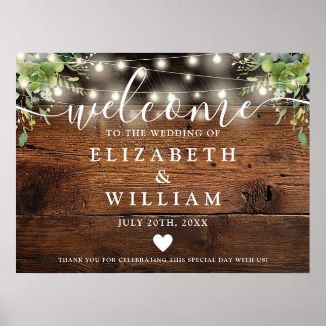 Poster Greenery Wood String Lights Wedding Welcome Sign (Devant)