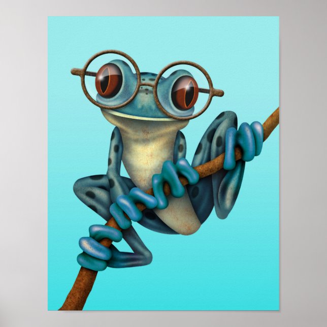 Poster Grenouille à l'arbre bleu mignonne avec lunettes d (Devant)